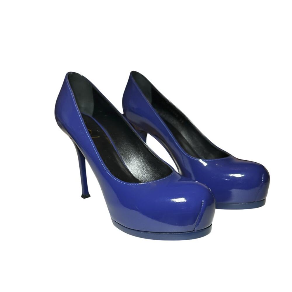 SAINT LAURENT Tribtoo Blue Patent Leather Platform Heels Pumps NEW Authentic 39